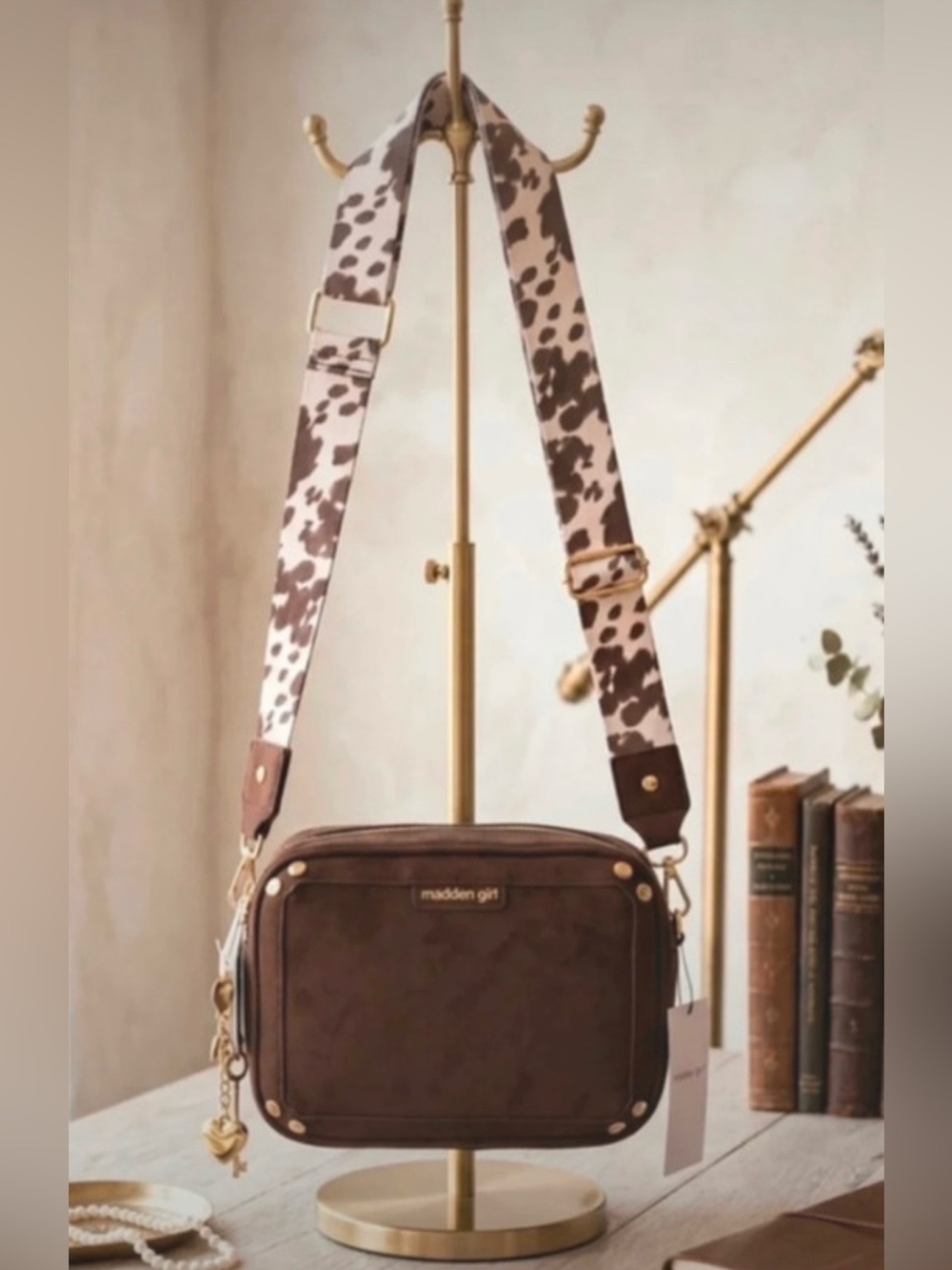 Madden Girl Brown Crossbody Camera Bag with Patterned Strap